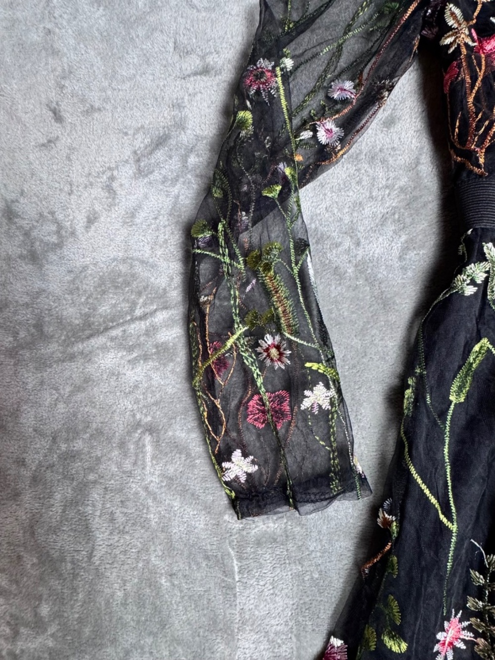 Black Embroidered Floral Mesh Dress Sheer Sleeve Boho Cottagecore Small - Picture 3 of 10